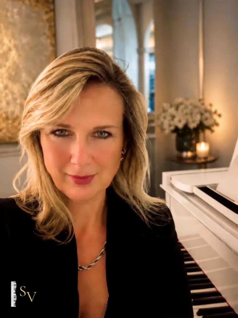 Sonia Vettorato pianista professionista seduta al pianoforte a coda bianco a Varese